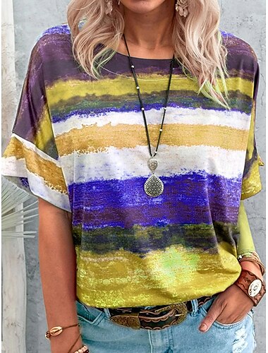  Dame T-shirt Stribet Aktiv Stilfuld Kortærmet Rund hals Almindelige toppe I-byen-tøj Patchwork Gul Rød Blå Sommer