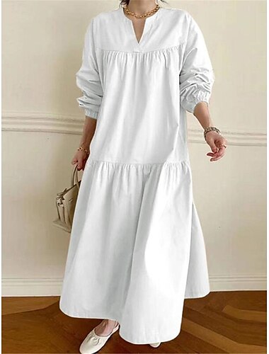 Robe casual Robe unie Robe en coton blanc Femme Robe Maxi Ourlet à volants Sport & Loisir Plein Air Décontractées Col fendu manche longue Standard Noir Blanche Kaki S M L XL 2XL