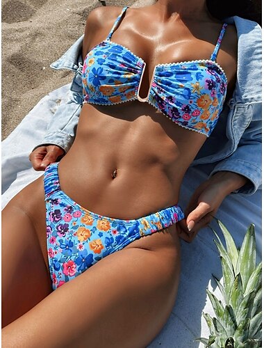  Mujer Bañadores Bikini 2 piezas Pícaro Traje de baño Espalda al Aire Delgado Vacaciones Ropa de playa Floral Escote en Pico Sin Mangas Trajes de baño