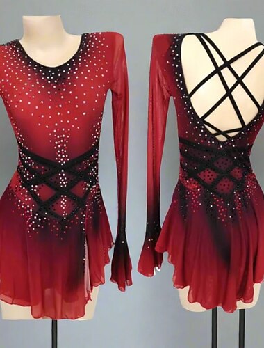  Eiskunstlaufkleid Damen Mädchen Eislaufen Kleid Rot Asymmetrischer Saum Netzstoff Hohe Elastizität Training Wettbewerb Eiskunstlaufkleidung Klassisch Kristall / Strass Langarm Eislaufen Eiskundstlauf