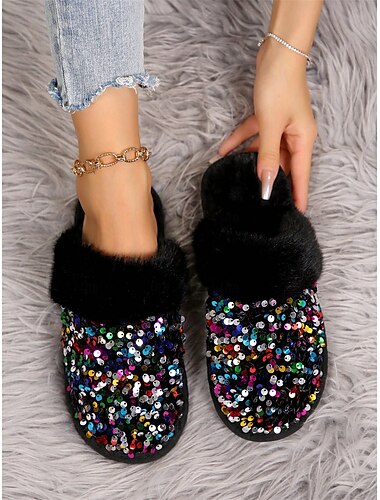  Schwarze, mit Pailletten und Fell gefütterte Damen-Hausschuhe mit mehrfarbigem Glitzer und bequemer Sohle – ideal für Luxus und Wärme in Innenräumen
