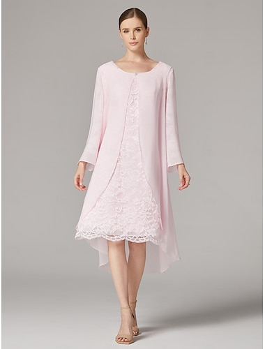  tweedelige a-lijn jurk strandbruiloft pak moeder van de bruid jurk elegante plus size juweel hals thee lengte chiffon kant korte mouw jas jurken met effen kleur 2025