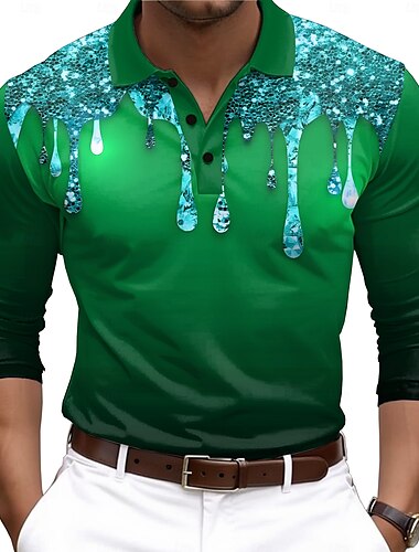  Herren Metall-Effekt 3D Digital-Print Poloshirts Golfshirt Langarm Polo-Shirts Hemden mit Kragen Lässig Party-Abendmode Alltagskleidung Outdoorbekleidung Knöpfe 3D-Druck Frühling Herbst Winter Rote