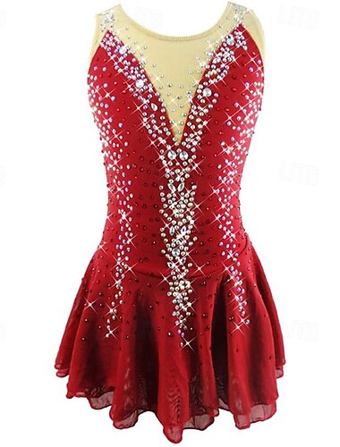  フィギュアスケート ドレス 女性用 女の子 アイススケート ドレス レッド アシンメトリーヘム メッシュ 高弾性 訓練 競技大会 スケートウェア クラシック クリスタル・ラインストーン ノースリーブ アイススケート フィギュアスケート