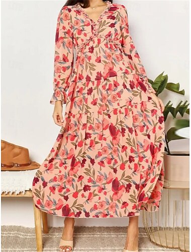  Women's Floral V Neck Maxi Dress Long Sleeve Spring Fall