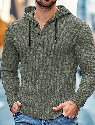  Herren Geripptes Strick-T-Shirt T-Shirt Langarmshirt Langarm Mit Kapuze Henley Frühling & Herbst Einfarbig Täglich Lässig Streetstyle Mit Kapuze Outdoor Straße Lässig Hellblau Schwarz Weiß Top
