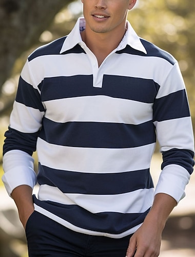 Homme Rayé Polos de Rugby manche longue Polos Col Vêtement décontracté de travaile Formel Extérieur Tenue Quotidienne Boutons Impression 3D Printemps Automne Hiver Rouge Bleu Encre Vert