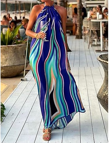  dames gestreepte halternek maxi-jurk mouwloos zomer lente