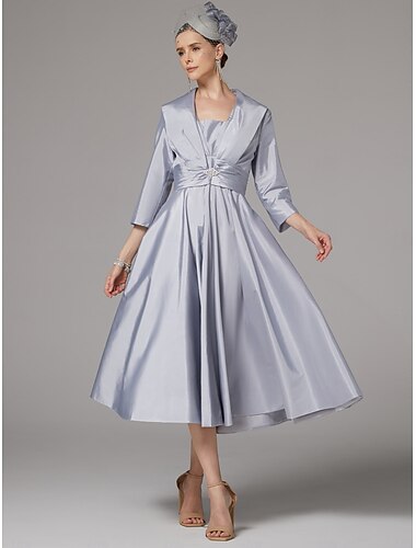  A-Lijn Jurk Pak Moeder van de Bruid Jurk Elegant Vintage Plus Size Vierkante Hals Thee Lengte 3/4 Lengte Mouw Jas Jurken met Rimpeling Derby Jurk Race Dag Jurk 2025