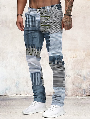  Herr Färgblock Lappverk Jeans Kostymbyxor Medium Midja Business Casual Formell Utomhus Hem Dragkedja Ficka Sommar Vår Höst 3D-tryck Blå