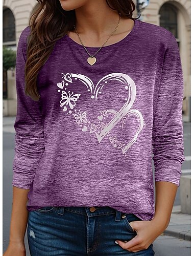  Valentijn Dames Hart T Shirt Casual Regelmatige Tops Lange Mouwen Crew Neck Print Regelmatige Pasvorm Dagelijks Paars Lente Herfst
