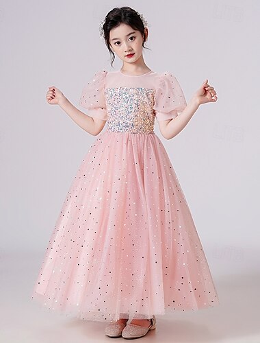  Blumenmädchenkleid Kinder Mädchen Prinzessinenkleid Leistung Hochzeit Party Elegant Schön Gitter Feste Farbe Kurzarm Rundhalsausschnitt Weiß Rosa 4 Jahre +
