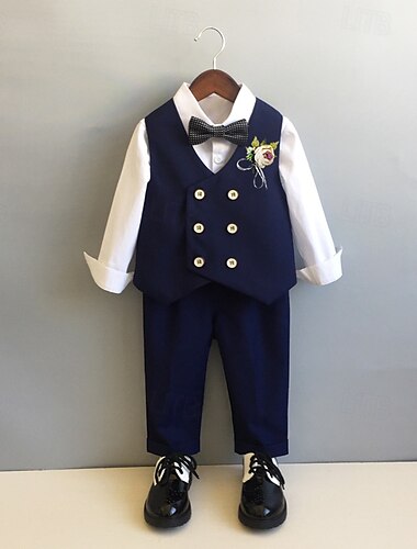  5 Stück Ring-Träger Anzug Jungen kinderkleidung Anzug Formeller Anzug Weste & Hose Shirt & Hose Formal Party Valentinstag Modisch Cool Feste Farbe Tasche Schwarz Marineblau Polyester