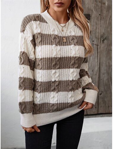  Damen Pullover Brautkleider schlicht Weich Gestreift Gerippt Rundhalsausschnitt Strick Langarm Normale Oberteile Stricken Outdoor Täglich Wochenende Schwarz Kaffee Herbst Winter