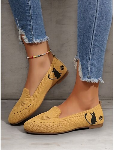  γυναικεία καζούαλ πλεκτά loafers με σχέδιο μαύρης γάτας – διαπνέον slip-on flats για καθημερινή άνεση
