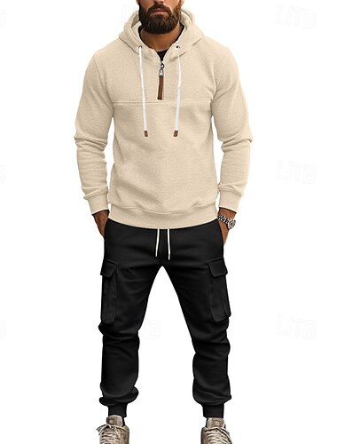  Voor heren Trui met capuchon Trainingspak sweatsuit Abrikoos Zwart Wit Wijn Marineblauw Capuchon Halve rits Effen 2-stuks Sport & Outdoor Dagelijks Feestdagen Polyester Streetwear Casual Lente