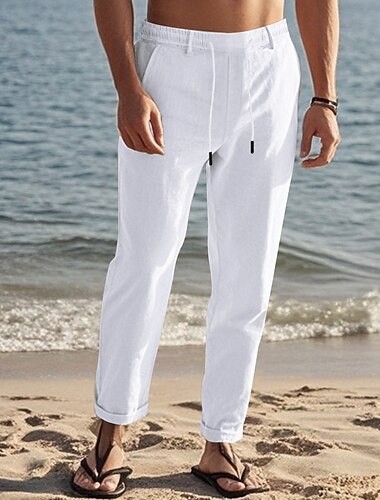  Homme Pantalon en lin Pantalon pantalon été Pantalon de plage Cordon Taille elastique Jambe droite Plein Confort Respirable Toute la longueur du quotidien Vacances Plage Vacances Mode Noir Blanche