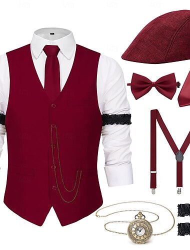  Retro / vintage Glada 20-talet 1920-talet Kläder Väst Tillbehörssats Herre Gangster Herr Karnevalsdräkt 8 st Jul Halloween Karnival Maskerad Cocktailfest Temafest Vuxna Kravatt Väst Mer accessoarer