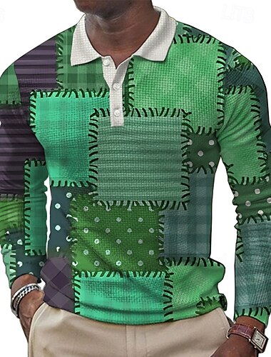  Herren Patchwork Waffel-Poloshirts Golfshirt Langarm Polo-Shirts Hemden mit Kragen Lässig Party-Abendmode Alltagskleidung Outdoorbekleidung Knöpfe 3D-Druck Frühling Herbst Winter Gelb Blau Purpur