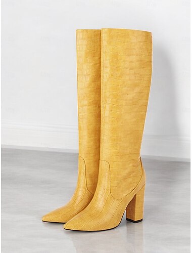  burgunderfarbene kniehohe Stiefel mit Krokoprägung für Damen – stylische Stiefel mit spitzer Spitze und Blockabsatz für die Herbst- und Wintermode
