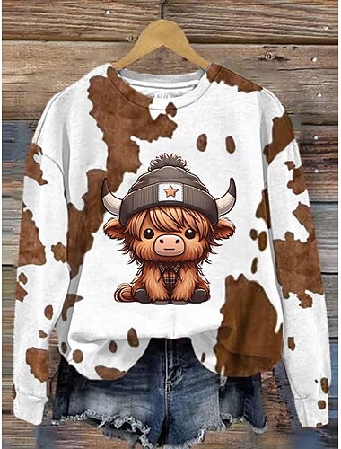  Jersey de mujer, informal, de calle, con estampado de vaca, para uso diario, cuello redondo, manga larga, marrón, otoño e invierno