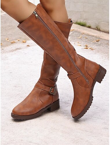  braune kniehohe Damenstiefel mit seitlichem Reißverschluss und Schnallendetail, niedrigem Blockabsatz und robustem Design – perfekt für die Freizeit und den Outdoor-Bereich
