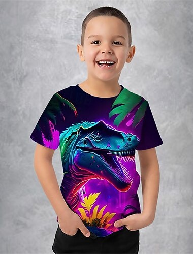  Gutt 3D Grafisk Dyr Dinosaur T skjorte T-skjorte Kortermet Sommer Vår Mote Grunnleggende Barn 4-12 år Crew-hals utendørs Avslappet Daglig Normal