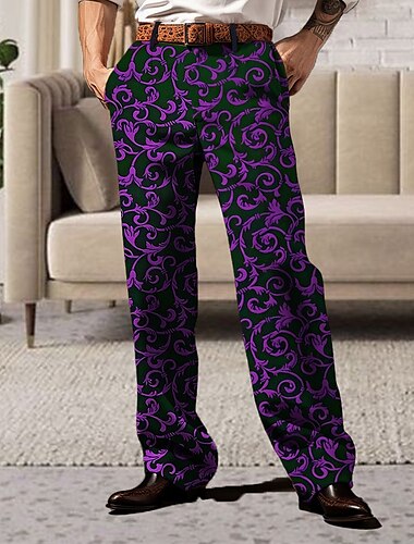  Herren Blumen Paisley-Muster Ethnisch Anzughosen Mittlere Taillenlinie Business-Casual Formal Hochzeit Alltagskleidung Zip Tasche Hose mit geradem Bein Sommer Frühling Herbst 3D-Druck Rosa Rote Purpur