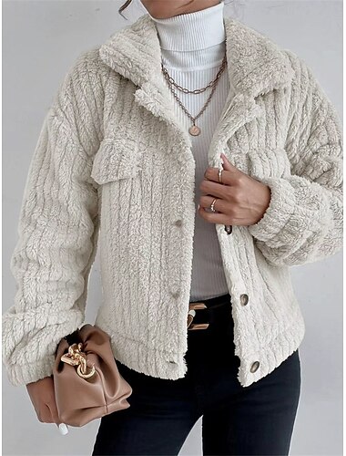  Damen Fleecejacke Teddy-Mantel warm halten Atmungsaktiv Tasche Innenfutter aus Fleece Brautkleider schlicht Glatt Urlaub Strasse Freizeitskleidung Ausgehen Einreihiger Verschluss Kurz Umlegekragen