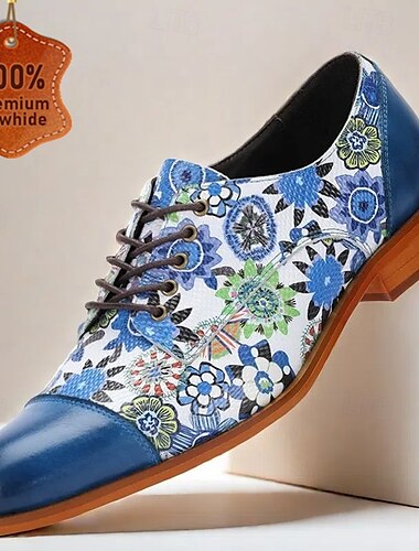  chaussures oxford en cuir de vachette à imprimé floral pour hommes – chaussures habillées décontractées de style vintage bleu et blanc pour les mariages et les occasions formelles