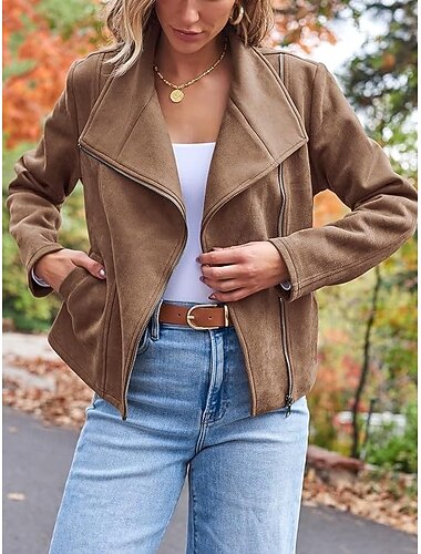  Dames Vrijetijdsjas Houd Warm Comfortabel Vetoketju Casual minimalisme Effen Kleur Casual / Dagelijks Rits Revers Normale pasvorm Lange mouw bovenkleding Zwart Kameel Bruin Winter