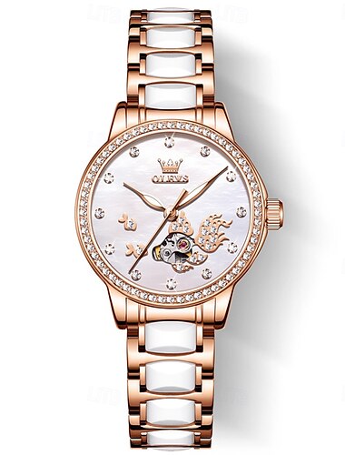  OLEVS Damen Mechanische Uhr Kreativ Modisch Lässige Uhr Armbanduhr Automatikaufzug Mondphasenanzeige WASSERDICHT Dekoration Keramik Beobachten
