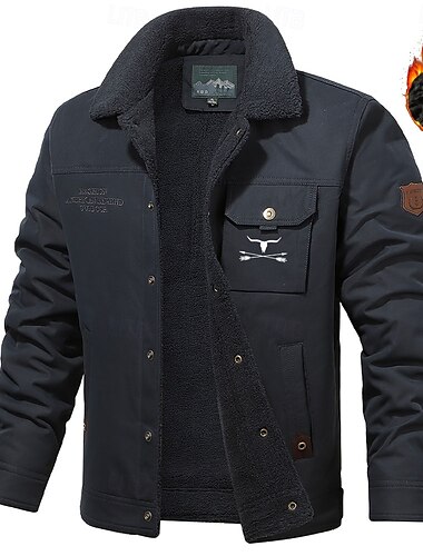  Voor heren Koe afdrukken Winterjas Fleecejack Sherpa jas Tactisch Vintage Casual Dagelijks Uitgaan Geborduurd Winter Strijkijzer Lange mouw khaki Donkerblauw