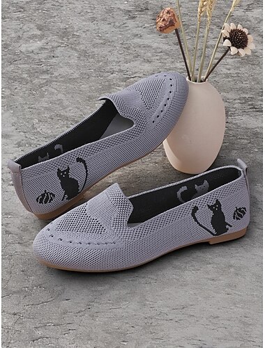  mocassins femininos casuais de malha com desenho de gato preto – sapatilhas respiráveis e sem cadarço para conforto diário