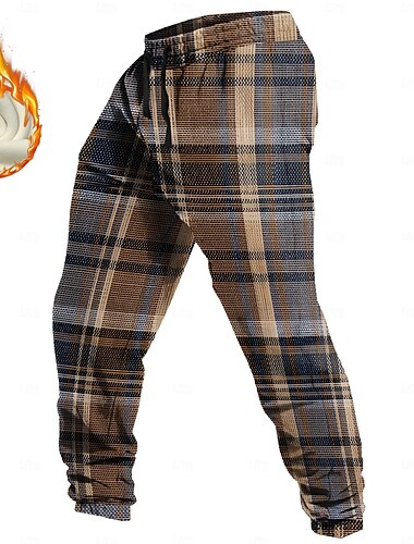  Homens Tartã Calças de moletom de lã Cintura elástica com cordão Vintage Casual Ao ar livre Casa Dia a Dia Bolsos Térmica Inverno Impressão 3D Marron
