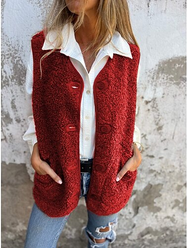  Damen Weste Outdoor Strasse Täglich Herbst Winter Standard Mantel Regular Fit warm halten Atmungsaktiv Zeitgenössisch Stilvoll Jacken Ärmellos Feste Farbe Mit Taschen Schwarz Rote Kaffee