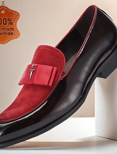  mocassini da uomo in pelle bovina di prima qualità con accenti in pelle scamosciata rossa e dettaglio fiocco – scarpe eleganti e formali di lusso