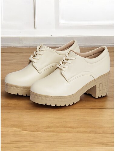 Elfenbeinfarbene Oxford-Schuhe mit Plateausohle und Schnürung für Damen – klobige Absätze mit strukturierter Sohle für die Freizeit und das Büro