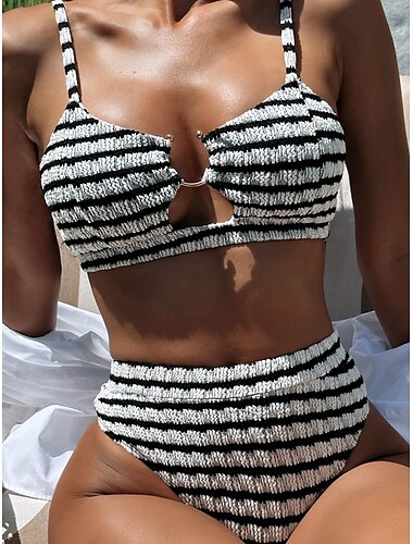  Dam Badkläder Bikini 2 st Kalsonger Baddräkt Öppen rygg Smal Hög midja Semester Standkläder Rand V-hals Ärmlös Baddräkter