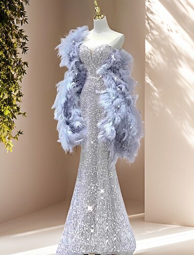  Meerjungfrau/Trompete Abendkleid elegantes Kleid Hochzeit Valentinstag bodenlang ärmellos V-Ausschnitt Nylon mit Strass Feder Glitzer 2025