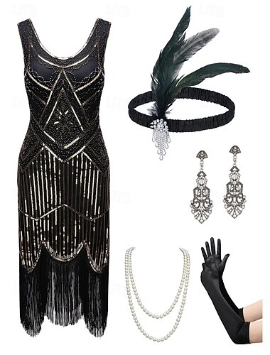  Anni 1920 Abito da cocktail Abito vintage Midi Abito Flapper Abiti Abito da cocktail Il grande Gatsby Ragazza Flapper Invitato al matrimonio Paillettes Piuma Frange Per donna Costume di Carnevale 7 PZ