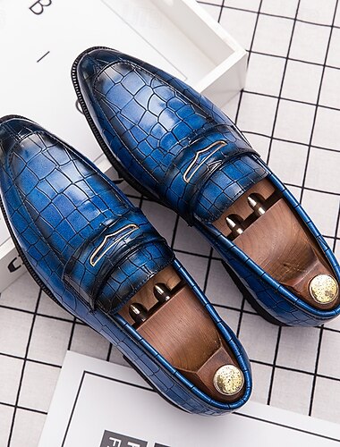  Herren-Loafer aus Kunstleder mit Krokodilprägung in Blau und Rot – elegantes Slipper-Design mit Metallakzent für formelle und geschäftliche Kleidung