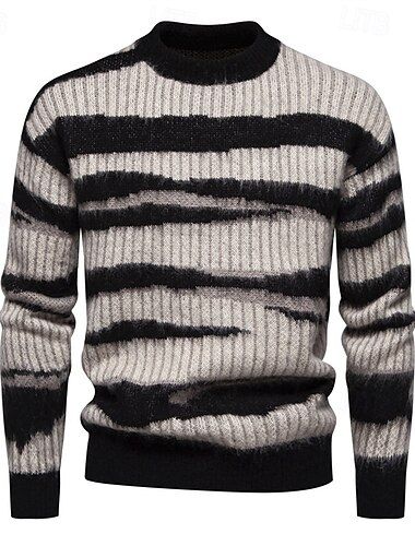  Herren Pullover Strickpullover Gerippt Stricken Standard Strick Streifen Rundhalsausschnitt Modisch Basic Freizeitskleidung Verabredung Bekleidung Herbst Winter Schwarz M L XL
