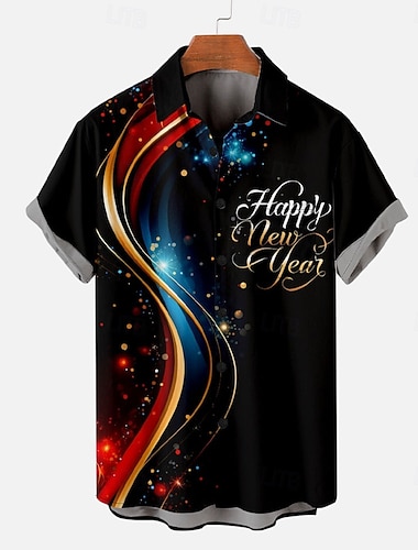  Herren Mit Buchstaben bedruckt glückliches neues Jahr Hawaiihemd Sommerhemd Bowling-Shirt Knopfhemd Kurzarm Hawaiianisch Brautkleider schlicht Urlaub Neujahr Täglich Sommer Umlegekragen Knopf hoch