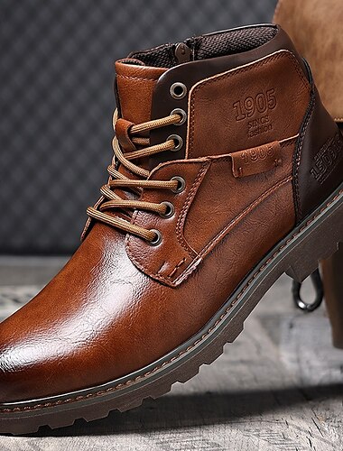  Botines vintage de piel sintética marrón para hombre: diseño clásico con cordones y suela resistente para uso laboral y casual