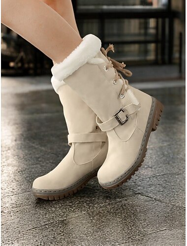  Damen-Winterstiefel mit Kunstfellfutter – warme, wasserdichte Stiefel mit halbhoher Sohle und Schnallen- und Schnürdesign