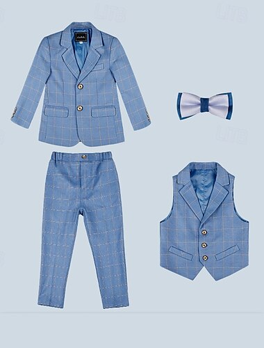  3/4/5 Stück Ring-Träger Anzug Jungen kinderkleidung Anzug Formeller Anzug Blazer & Weste & Hosen Formal Party Valentinstag Modisch Cool Plaid Tasche Blau Polyester