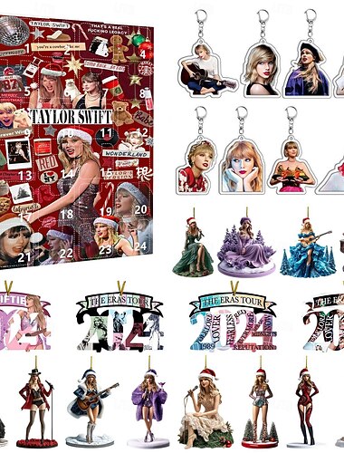  swifties christmas adventskalender, 24 dager akryl 2d ornamenter  & nøkkelring julenedtellingskalendergave til musikkelskere, fans, tenåringer og venner-ts