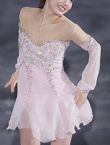  שמלה להחלקה אמנותית בגדי ריקוד נשים בנות החלקה על הקרח שמלות ורוד טלאים חור לאגודל רשת ספנדקס סטרצ'י (נמתח) הדרכה אימון מקצועי ביגוד להחלקה על הקרח שמור על חום הגוף קריסטלים / אבנים נוצצות שרוול ארוך