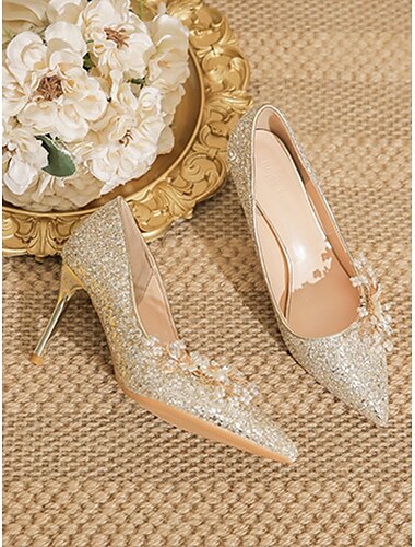  Silberne Glitzer-Stilettos für Damen mit floralen Verzierungen – elegante spitze Hochzeits- und Ballschuhe